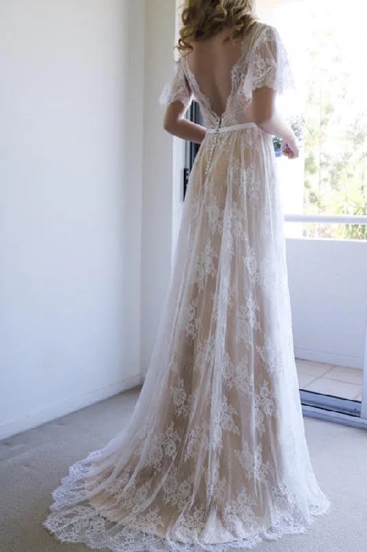 Strapless Wedding Dresses for Classic Appeal -Romantic A-line Backless Lace Short Sleeves V Neck Long Wedding Dresses OKA52 Strapless Wedding Dresses for Classic Appeal -Romantic A-line Backless Lace Short Sleeves V Neck Long Wedding Dresses OKA52