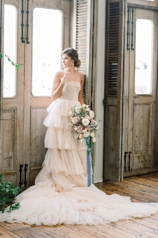 Bridal Dresses with Illusion Neckline for Elegant Style -Romantic A-line Tiered Tulle Wedding Dress for Women Bridal Dress OK1292 Bridal Dresses with Illusion Neckline for Elegant Style -Romantic A-line Tiered Tulle Wedding Dress for Women Bridal Dress OK1292