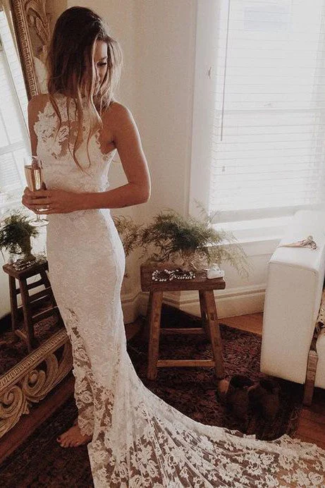 Luxe Satin Wedding Dresses for Bridal Glam -Romantic Boho Beach Wedding Dresses,Lace Mermaid Princess Backless Wedding Gown OK167