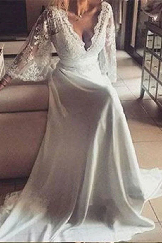 Wedding Dresses with Train for Extra Glamour -Romantic Boho V-Neck Lace Appliques Long Sleeves Beach Wedding Dress OKE21 Wedding Dresses with Train for Extra Glamour -Romantic Boho V-Neck Lace Appliques Long Sleeves Beach Wedding Dress OKE21
