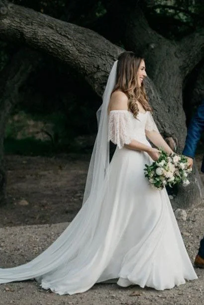 Plunging V-Neck Wedding Dresses for Daring Look -Romantic Ivory Off-the-shoulder A Line Long Chiffon Lace Bridal Gowns OKG45