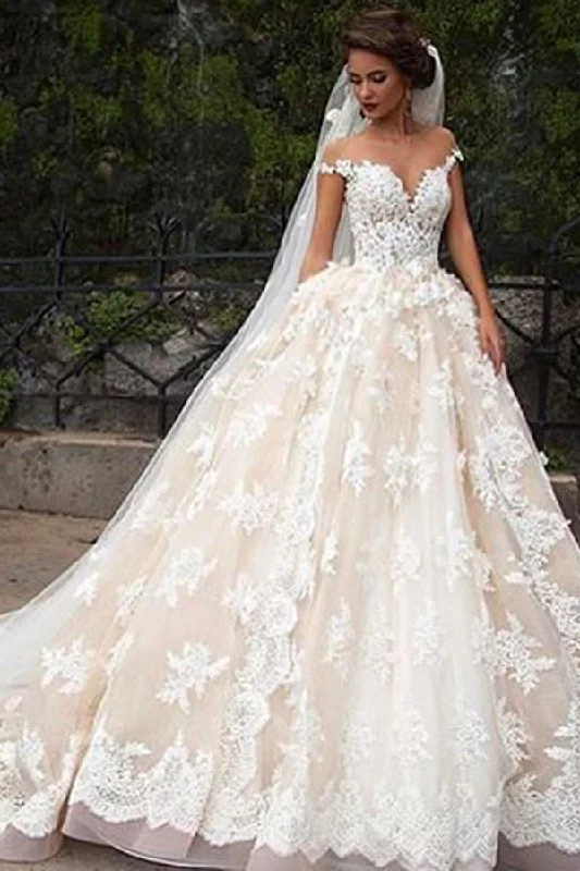 Wedding Dresses with Layers of Tulle for Soft and Dreamy Effect -Romantic Jewel Cap Sleeves Ball Gown Wedding Dresses with Lace Top OKB09 Wedding Dresses with Layers of Tulle for Soft and Dreamy Effect -Romantic Jewel Cap Sleeves Ball Gown Wedding Dresses with Lace Top OKB09