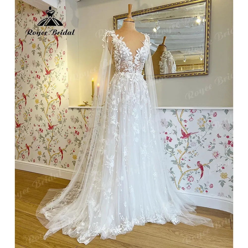 Simple Off-Shoulder Wedding Dresses for Romantic Style -Lace Floral Fairy Beach Wedding Dress with Deep V Neck Bridal Gown