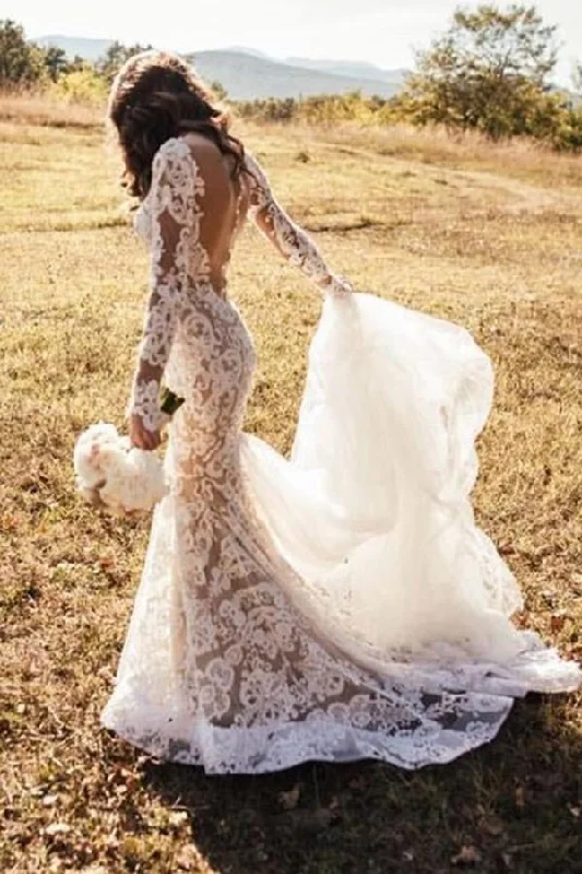 Lace Wedding Gowns with Full Skirt for Dramatic Effect -Romantic Long Lace Backless Long Sleeves Mermaid Ivory Wedding Dresses OK599