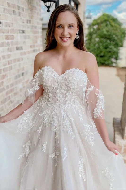 Wedding Dresses with Lace Bodice for Vintage Touch -Romantic Off White Appliques Off-the-Shoulder Sweetheart A Line Long Wedding Dress OK1623