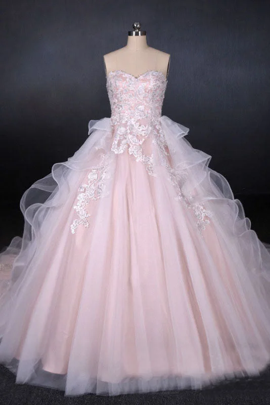 Lace Wedding Gowns with Full Skirt for Dramatic Effect -Princess Pearl Pink Ball Gown Wedding Dress Sweetheart Appliques Bridal Gown OKQ24 Lace Wedding Gowns with Full Skirt for Dramatic Effect -Princess Pearl Pink Ball Gown Wedding Dress Sweetheart Appliques Bridal Gown OKQ24
