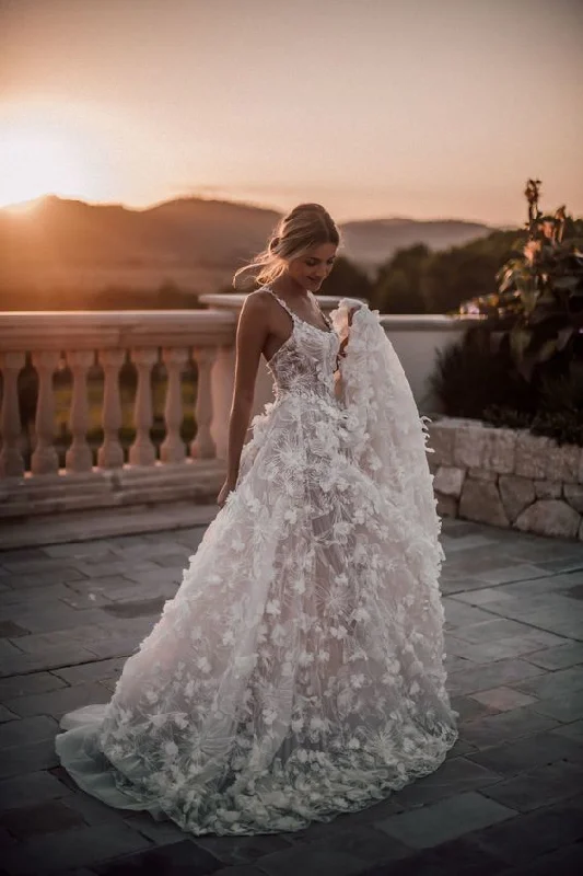 Wedding Dresses with Floral Appliques for Feminine Touch -Romantic Spaghetti Straps A-line Lace Wedding Dress with handmade Flower OK1011