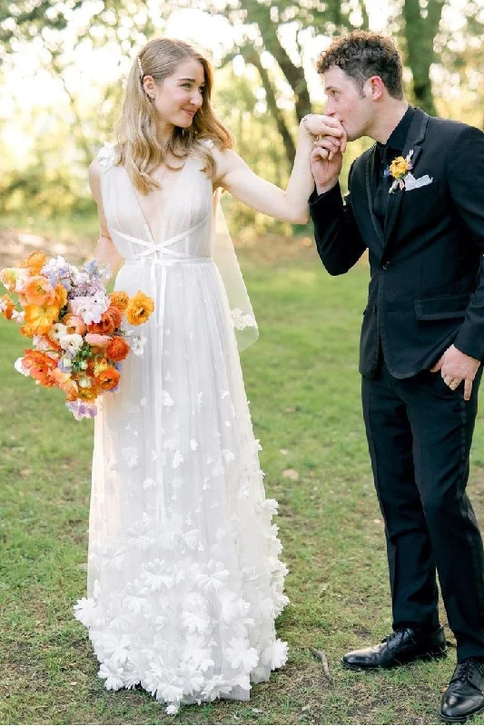 Wedding Dresses with Asymmetrical Detail for Unique Appeal -Romantic Tulle A Line Flower Bridal Gown with V-neckline Beach Wedding Dress OK1429