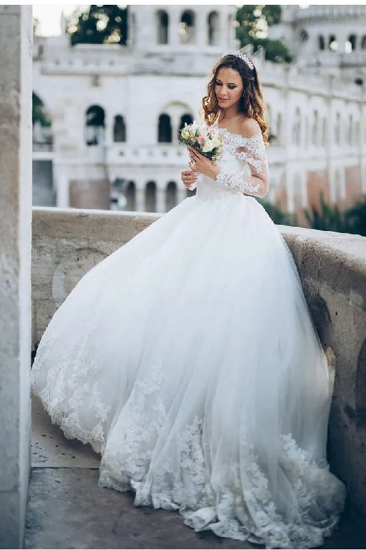 Wedding Dresses with Lace Train for Extra Glamour -Romantic Tulle Long Sleeves Ball Gown Bride Dresses with Lace Off-the-shoulder OK1586 Wedding Dresses with Lace Train for Extra Glamour -Romantic Tulle Long Sleeves Ball Gown Bride Dresses with Lace Off-the-shoulder OK1586