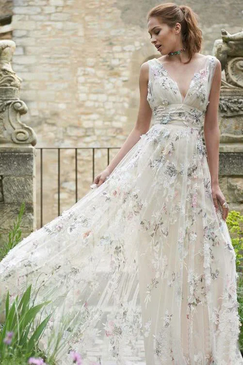 Vintage Bridal Dresses for Retro Charm -Rustic Deep V Neck Colorful Lace Tulle A Line Floor Length Wedding Gown OKP90 Vintage Bridal Dresses for Retro Charm -Rustic Deep V Neck Colorful Lace Tulle A Line Floor Length Wedding Gown OKP90