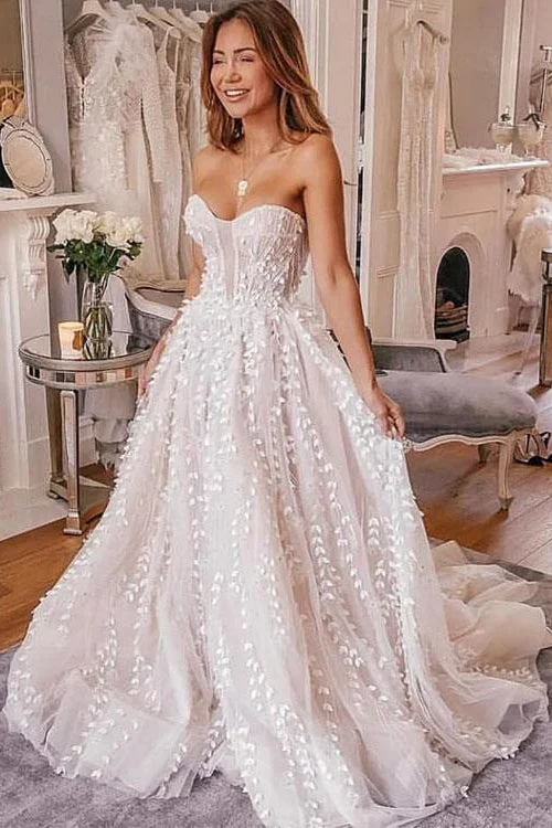 Tea-Length Wedding Dresses for Unique Look -Rustic Strapless Organza Wedding Dress Bridal Gown With Lace OKU83