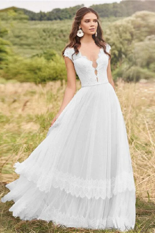Embellished Bridal Dresses for Luxurious Effect -Rustic Tiered Lace Tulle Ling Bridal Gowns A-line V Neck Cap Sleeves Wedding Dress OKY92