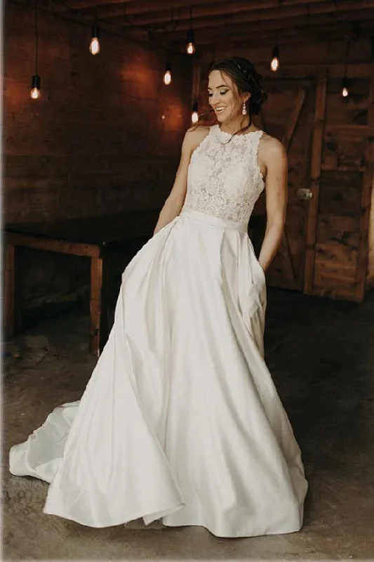 Off-Shoulder Satin Wedding Dresses for Romantic Vibe -Satin A-line Lace Top Boho Wedding Dresses With Sweep Train, Bridal Gown OK1811 Off-Shoulder Satin Wedding Dresses for Romantic Vibe -Satin A-line Lace Top Boho Wedding Dresses With Sweep Train, Bridal Gown OK1811