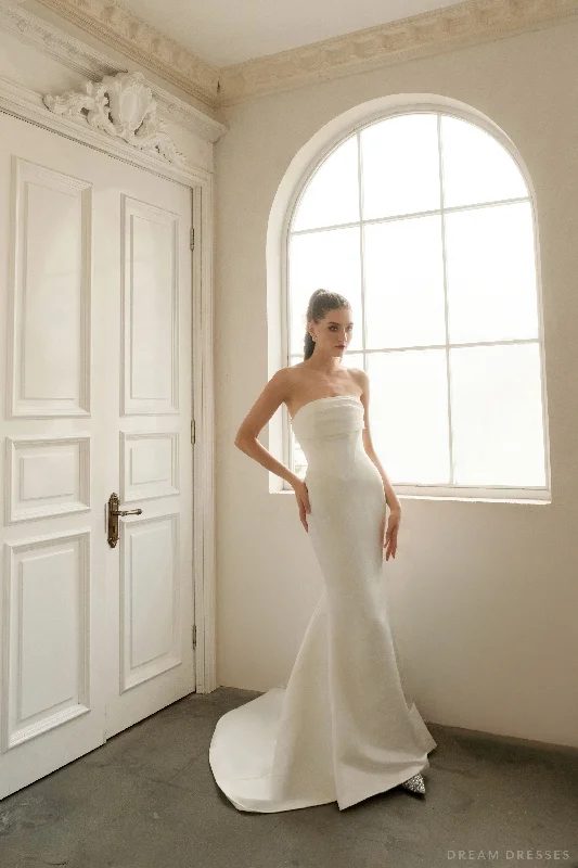 A-Line Wedding Dresses for Timeless Elegance -Satin Mermaid Wedding Dress with Detachable Overskirt (#EMELY)