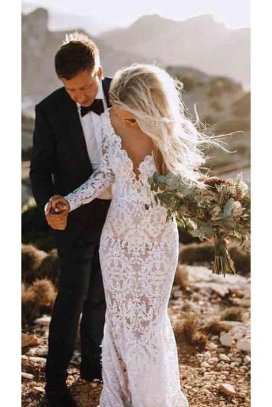 Soft Tulle Wedding Dresses for Dreamy Wedding Day -See Through Lace Long Sleeve Backless Mermaid Wedding Dresses OKF82