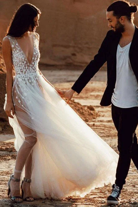 Wedding Dresses with Tiered Skirt for Volume -Sexy A-line Deep V-Neck Sweep Train Wedding Dress with Appliques Split OKR39