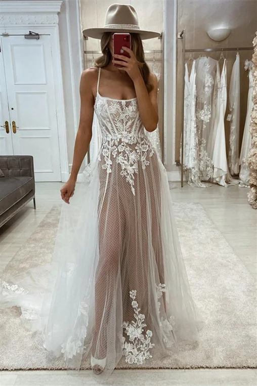 Satin Wedding Dresses with Lace Overlay for Beautiful Contrast -Sexy A Line Tulle Off White Lace Appliques Straps Backless Wedding Dress OK1593