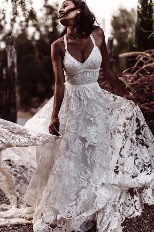 Lace and Satin Wedding Dresses for Romantic Look -Sexy Beach Ivory Lace Wedding Dress With Slit Backless Boho Bridal Dress OKW55