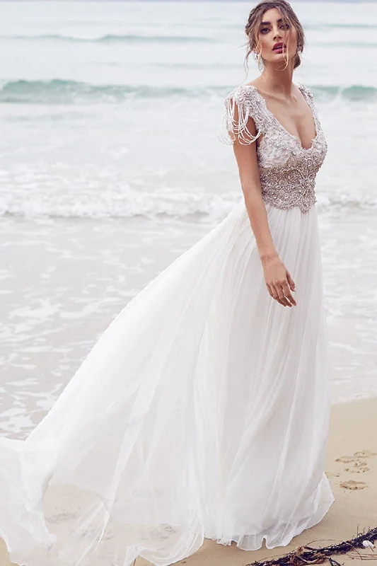 Fit-and-Flare Wedding Dresses for Perfect Silhouette -Sexy Beading A Line Chiffon V-neck Long Beach/Coast Wedding Dress,Summer Wedding Gown OK267