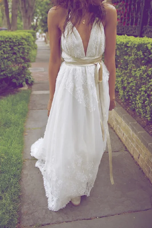 Wedding Dresses with Crystal Detail for Glamour -Sexy Boho V-Neck Backless Floor Length Lace Wedding Dresses with Sash OKB04