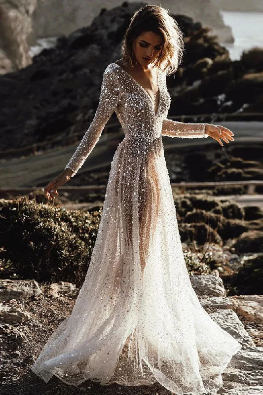 Off-Shoulder Boho Wedding Dresses for Free-Spirit Vibe -Sexy Illusion Boho A-line Backless Bride Dress Sequined Beading Mermaid Wedding Dress OKV67