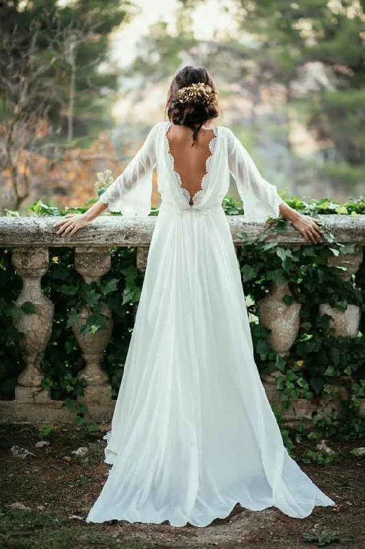 Tiered Tulle Wedding Dresses for Dreamy Effect -Sexy Ivory Lace 3/4 Long Sleeve Backless Summer Chiffon Plus Size Beach Wedding Dress OK271