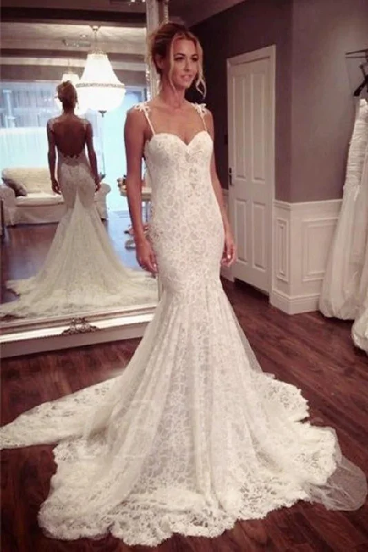 Ruffled Wedding Dresses for Feminine Appeal -Sexy Long Strap Sweetheart Backless Mermaid Lace Wedding Dress OK541 Ruffled Wedding Dresses for Feminine Appeal -Sexy Long Strap Sweetheart Backless Mermaid Lace Wedding Dress OK541
