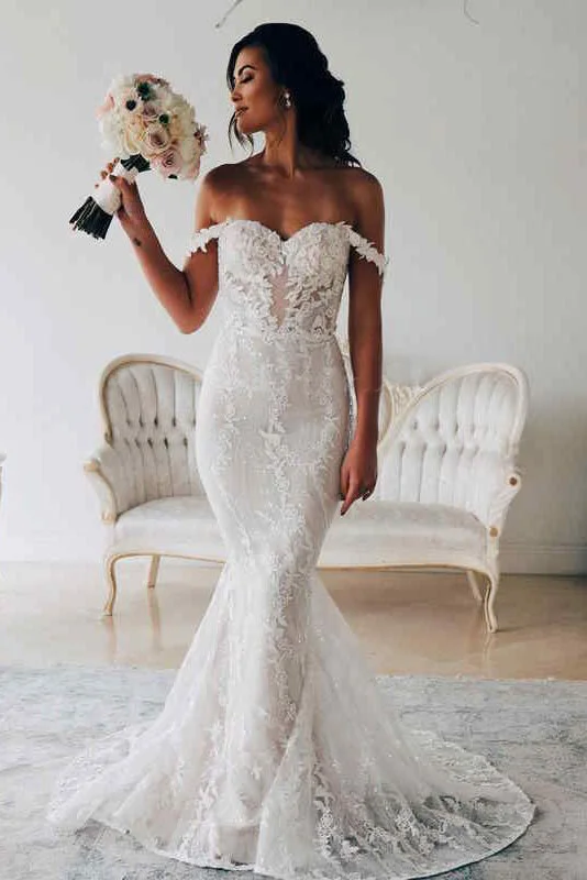 Romantic Wedding Dresses for Dreamy Weddings -Sexy Mermaid Backless Off the Shoulder Lace Long Wedding Dress Bridal Dresses OKZ34