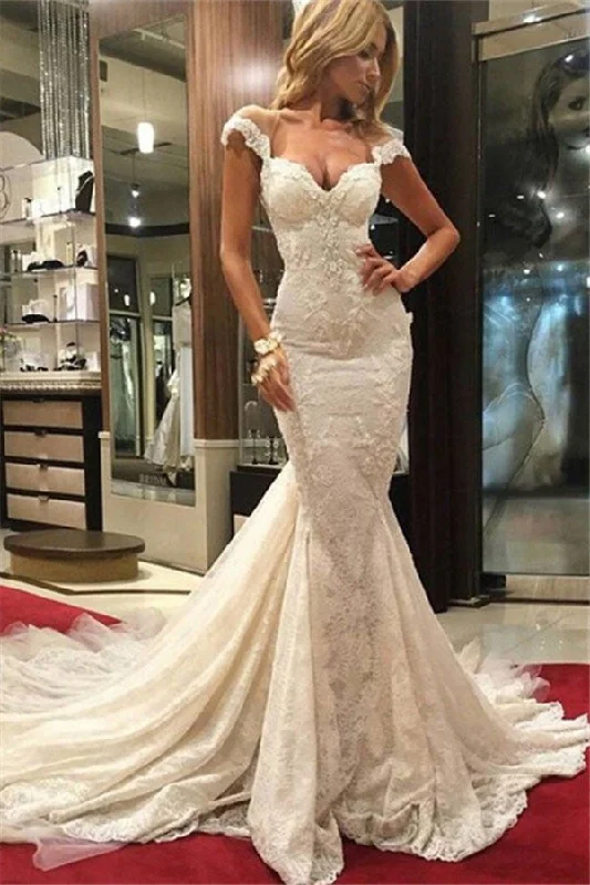 Wedding Dresses with Full Lace Bodice for Elegant Finish -Sexy Mermaid Lace Wedding Dress Cap Sleeves Appliques Bridal Gowns OK106 Wedding Dresses with Full Lace Bodice for Elegant Finish -Sexy Mermaid Lace Wedding Dress Cap Sleeves Appliques Bridal Gowns OK106