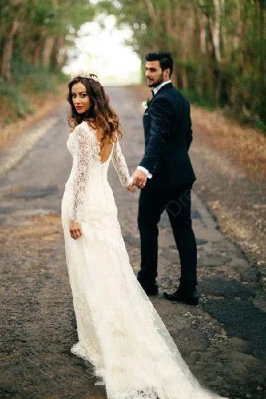 Vintage Wedding Dresses for Retro Charm -Sexy Mermaid Long Sleeves V Neck White Lace Backless Wedding Dresses OK567 Vintage Wedding Dresses for Retro Charm -Sexy Mermaid Long Sleeves V Neck White Lace Backless Wedding Dresses OK567