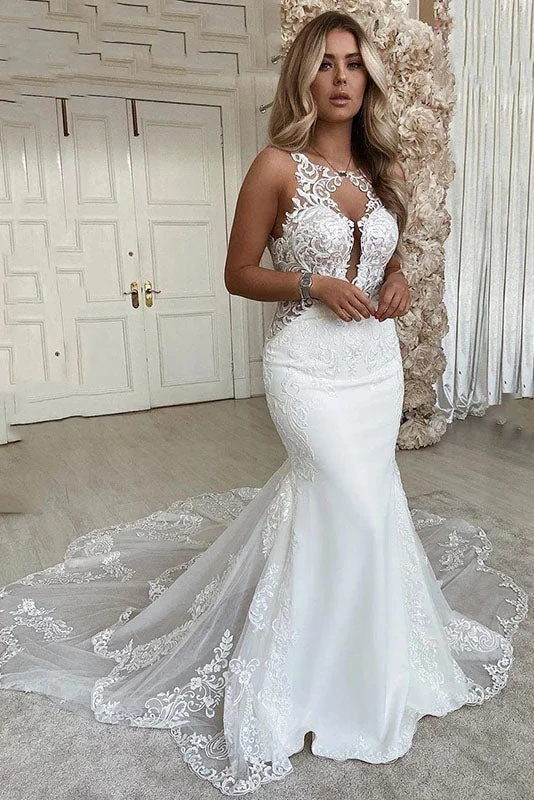 Wedding Dresses with Full Tulle Skirt for Dreamy Look -Sexy Mermaid Wedding Dress Scoop Neck Lace Appliques Bride Dress OKW96