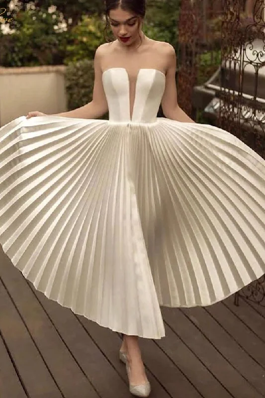 Vintage-Inspired Wedding Dresses with Tulle for Dreamy Effect -Sexy Ivory Wedding Gown Tea Length Bridal Dress OKW51