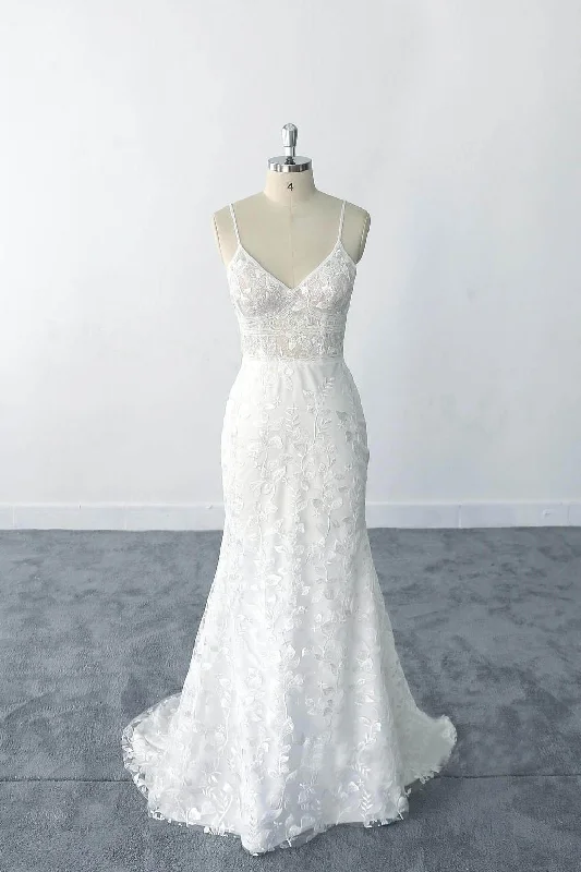 Tiered Wedding Dresses for Voluminous Look -Sexy Sheath Lace Bridal Gowns Spaghetti Straps Lace Wedding Dresses OKU92