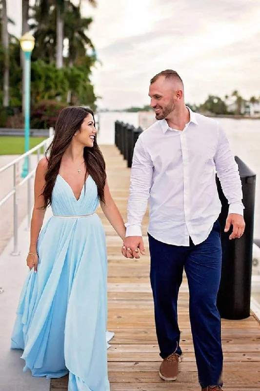 Structured Wedding Dresses for Refined Appeal -Sexy Split Sky Blue Beach Simple Wedding Dress Chiffon Long Prom Dress