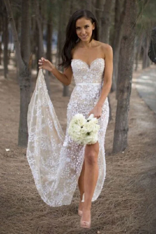 Satin and Lace Wedding Dresses for Glamorous Effect -Sexy Sweetheart Asymmetry Lace Long Casual Wedding Dresses with Slit OKB08