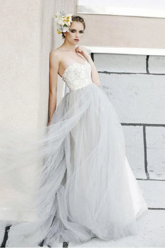 Wedding Dresses with Full Skirt for Dramatic Effect -Sexy White Top A-line Lace Grey Tulle Strapless Sweetheart Neck Wedding Dress OK388