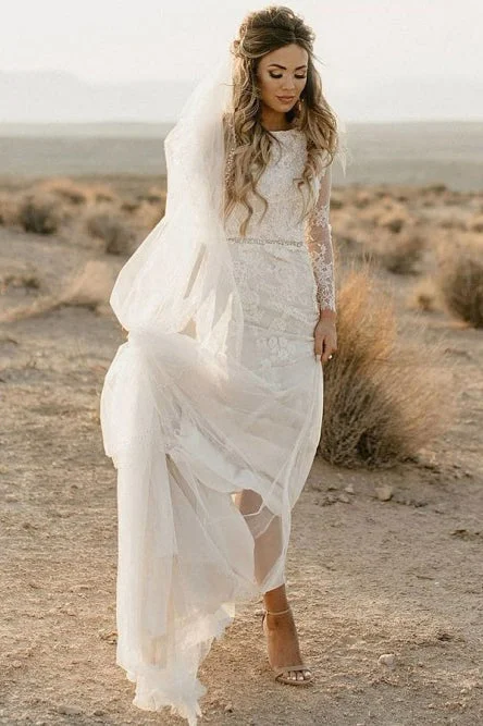 Off-White Satin Wedding Dresses for Softness -Sheath Bateau Long Sleeves Court Train Wedding Dress with Appliques OKS29 Off-White Satin Wedding Dresses for Softness -Sheath Bateau Long Sleeves Court Train Wedding Dress with Appliques OKS29
