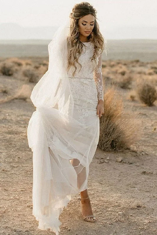 Tiered Lace Wedding Dresses for Fun and Formal Style -Sheath Bateau Long Sleeves Tulle Wedding Dresses with Lace Appliques OKF78