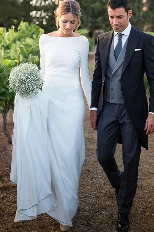 Affordable Wedding Dresses for Budget Brides -Sheath Long Sleeves Boat Neckline V Back Beach Bridal Wedding Dresses OKW54
