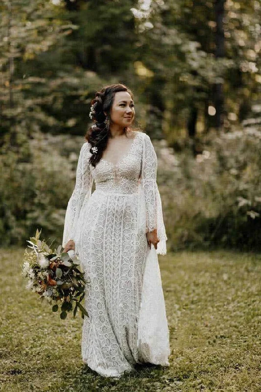 Lace Wedding Dresses with Keyhole Back for Bold Look -Sheath Long Sleeves Lace up Back Beach Wedding Dresses, Boho Bridal Gown OK1882 Lace Wedding Dresses with Keyhole Back for Bold Look -Sheath Long Sleeves Lace up Back Beach Wedding Dresses, Boho Bridal Gown OK1882
