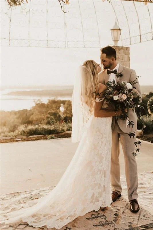 Silk Wedding Dresses for Luxe Finish -Sheath Off-Shoulder Backless Long Lace Wedding Dress Bridal Dress OK1075