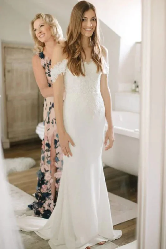 Strapless Lace Wedding Dresses for Romantic Charm -Sheath Satin Lace Appliques Off-the-Shoulder Wedding Dresses With Sweep Train OK1883