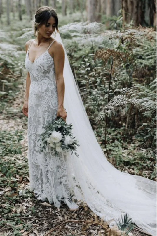 Lace Wedding Dresses with Puff Sleeves for Romantic Charm -Sheath Spaghetti Straps Backless Beach Lace Wedding Dresses OKL14