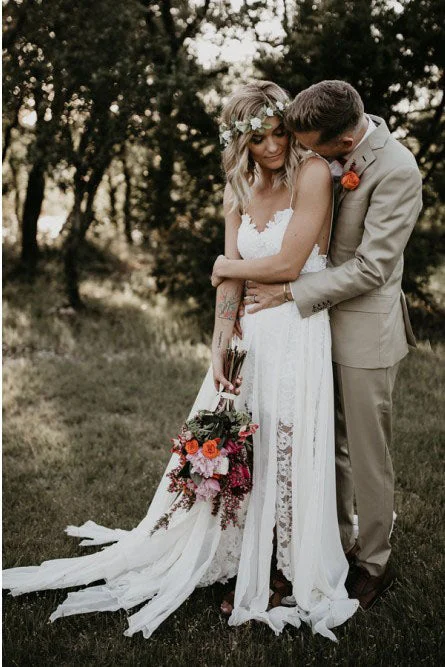 Silk Wedding Dresses for Classic Elegance -Sheath Spaghetti Straps Backless Hi-Low Lace Boho Beach Wedding Dresses OKK40
