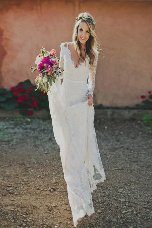 Long Sleeve Lace Wedding Dresses for Romantic Style -Sheath V-neck Backless Long Sleeves Lace Boho Wedding Dress OKM83