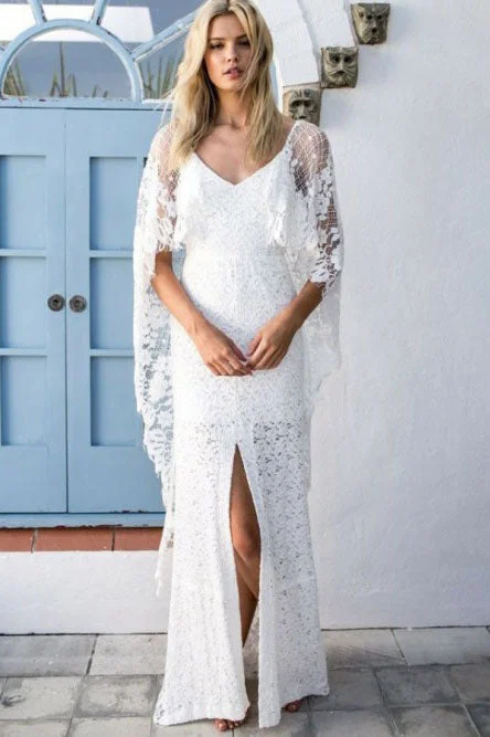 Wedding Dresses with Crystal Lace for Glamorous Finish -Sheath V-Neck Backless Wraps Lace Beach Wedding Dress with Split OKR34 Wedding Dresses with Crystal Lace for Glamorous Finish -Sheath V-Neck Backless Wraps Lace Beach Wedding Dress with Split OKR34
