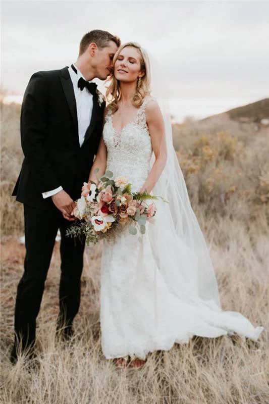 Beaded Lace Wedding Dresses for Dazzling Look -Sheath V-Neck Sleeveless Beading Backless Long Lace Wedding Dress OK1074