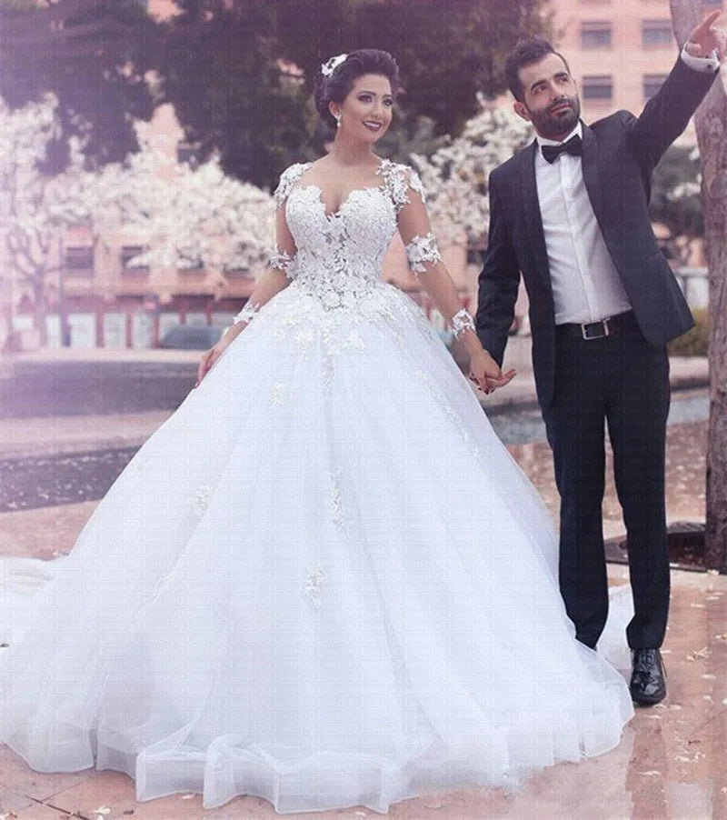 Wedding Dresses with Puff Sleeves for Romantic Appeal -Sheer Neck Lace Appliques A Line Wedding Dresses Plus Size Wedding Gowns Wedding Dresses with Puff Sleeves for Romantic Appeal -Sheer Neck Lace Appliques A Line Wedding Dresses Plus Size Wedding Gowns