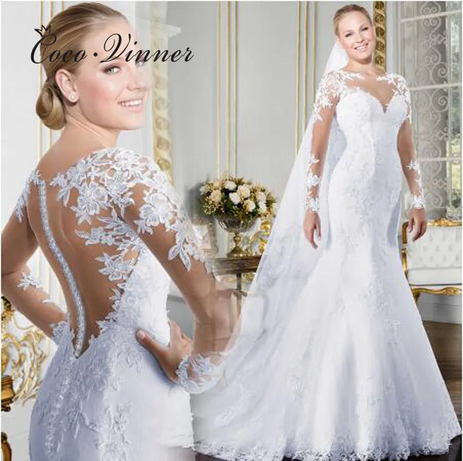 Lace and Tulle Wedding Dresses for Soft, Dreamy Effect -Sheer V-neck Long Sleeve Mermaid Wedding Dresses Illusion Back Lace Lace and Tulle Wedding Dresses for Soft, Dreamy Effect -Sheer V-neck Long Sleeve Mermaid Wedding Dresses Illusion Back Lace