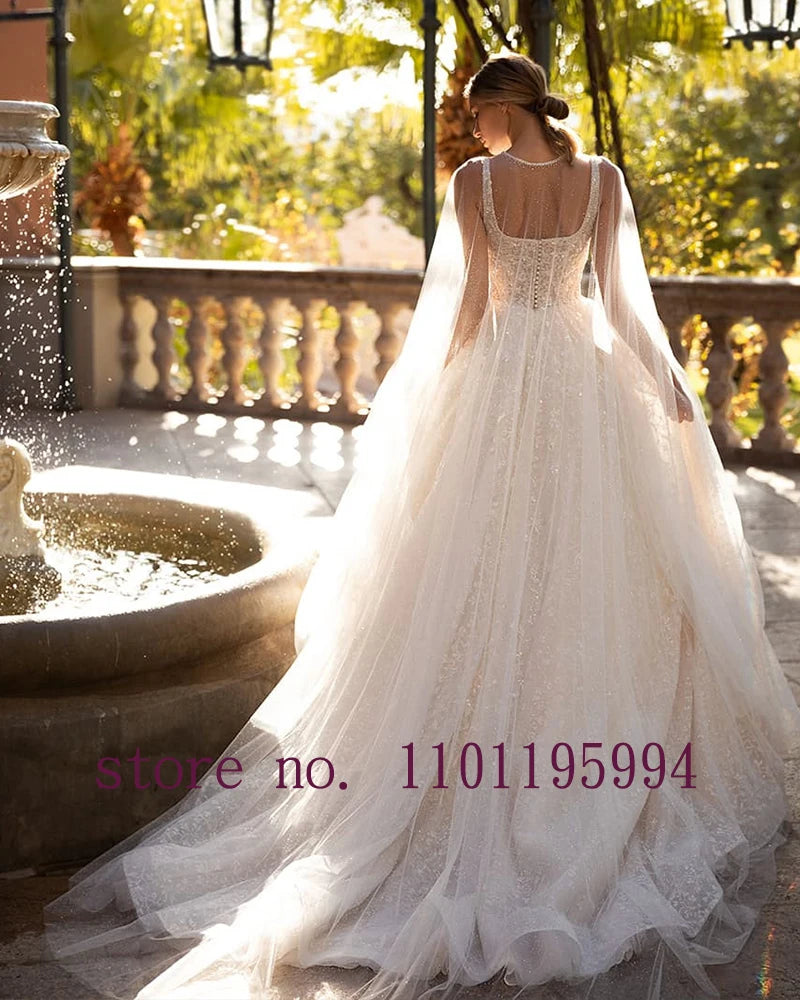 Wedding Dresses with Long Train for Dramatic Effect -Crystal Sequins Shiny 2 Pieces Wedding Dresses With Detachable Shawl